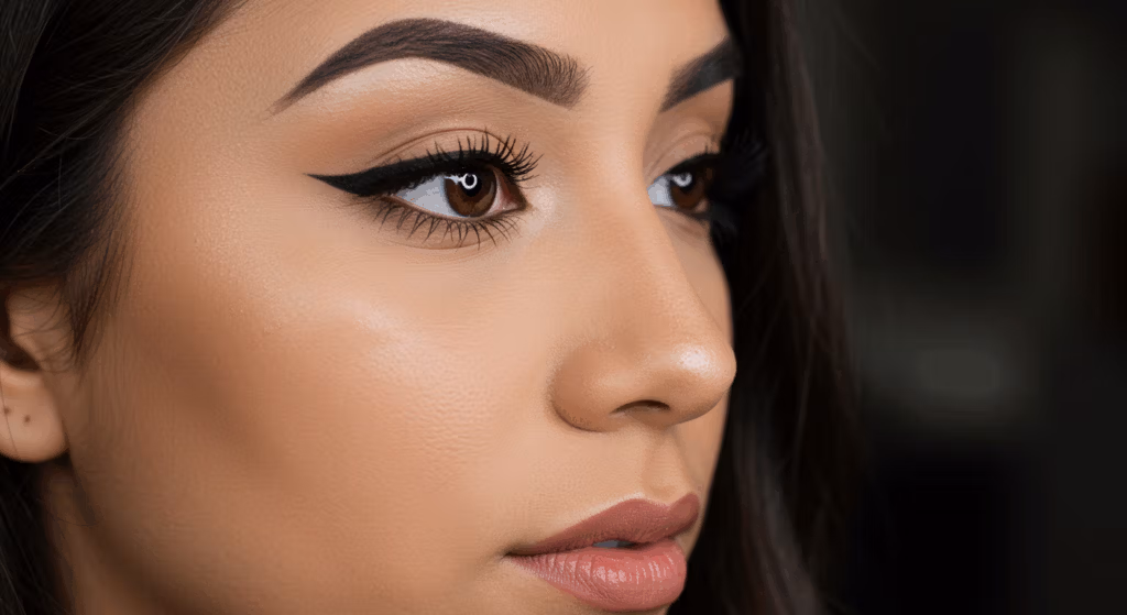 Retrato en primer plano de una persona con maquillaje detallado. La persona luce cejas perfectamente definidas, delineado de ojos alado y sombra de ojos sutil. Sus labios están adornados con un labial rosa suave, que resalta un aspecto natural pero glamuroso.