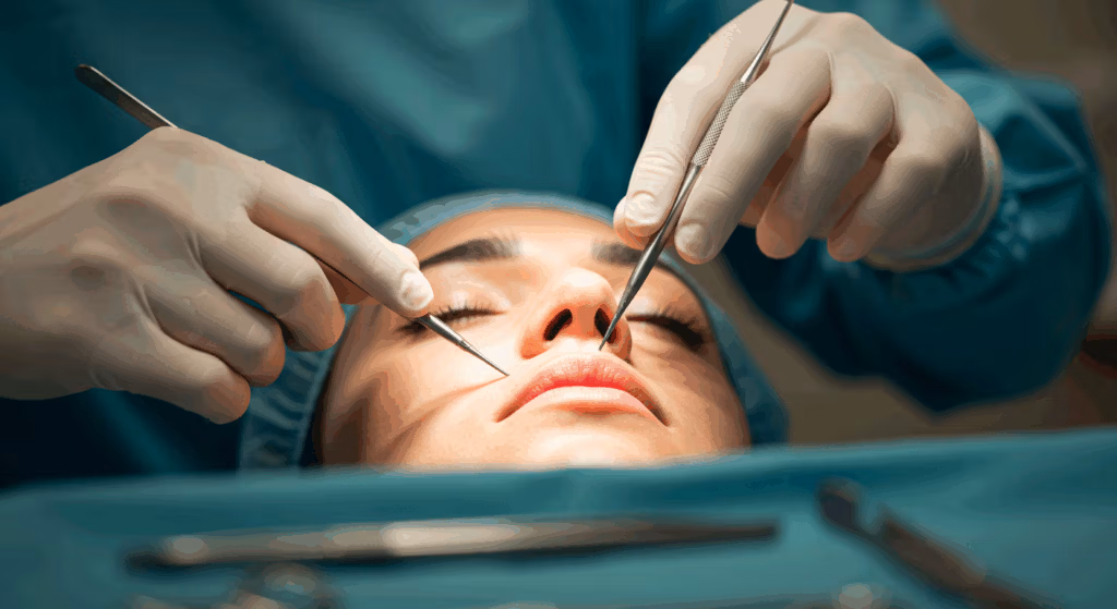 Profesionales médicos realizando una cirugía de rinoplastia a un paciente.