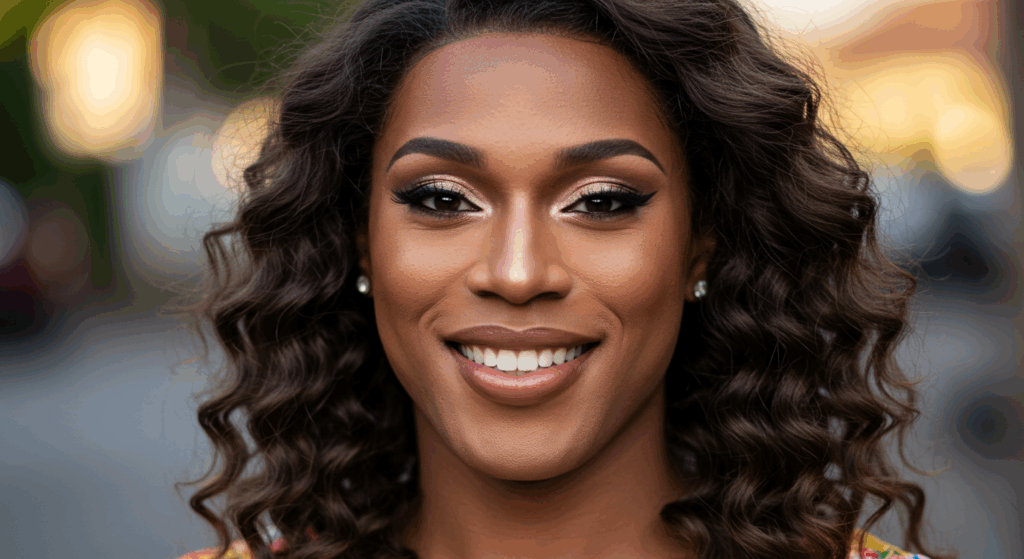A smiling woman with curly hair and dramatic makeup, including bold eyeliner and glossy lips, posing outdoors with a blurred background featuring soft lighting and greenery.