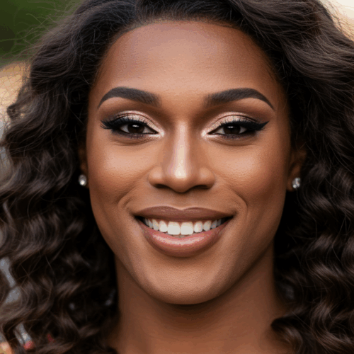 Een lachende vrouw met krullend haar en dramatische make-up, waaronder opvallende eyeliner en glanzende lippen, poseert buiten tegen een onscherpe achtergrond met zacht licht en groen.