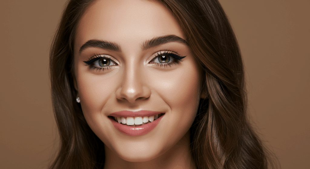 A close-up portrait of a young woman with green eyes and brown hair, smiling gently against a neutral background.