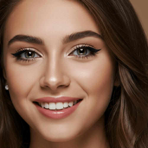 Portrait en gros plan d'une jeune femme aux yeux verts et aux cheveux bruns, souriant doucement sur un fond neutre.