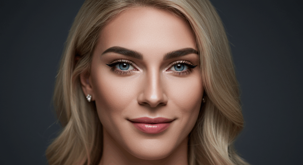 A close-up portrait of a woman with blonde hair, blue eyes, and natural makeup, smiling subtly against a dark background.