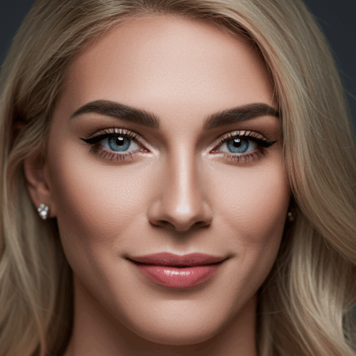 Portrait en gros plan d'une femme aux cheveux blonds, aux yeux bleus et au maquillage naturel, souriant subtilement sur un fond sombre.