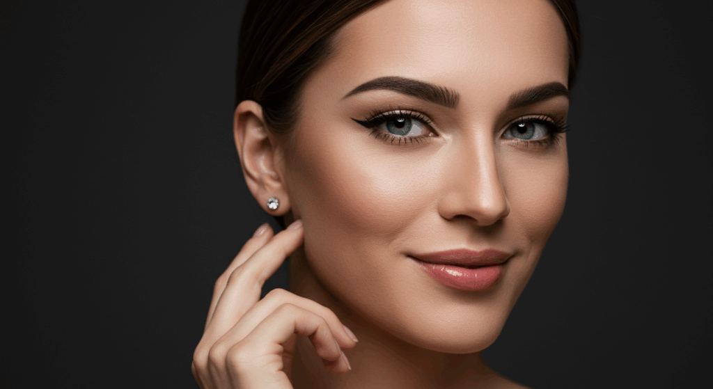 A close-up portrait of a woman with light brown hair pulled back, wearing subtle makeup, and a single diamond earring. She has green eyes, defined eyebrows, and a soft smile. The background is dark, emphasizing her facial features.