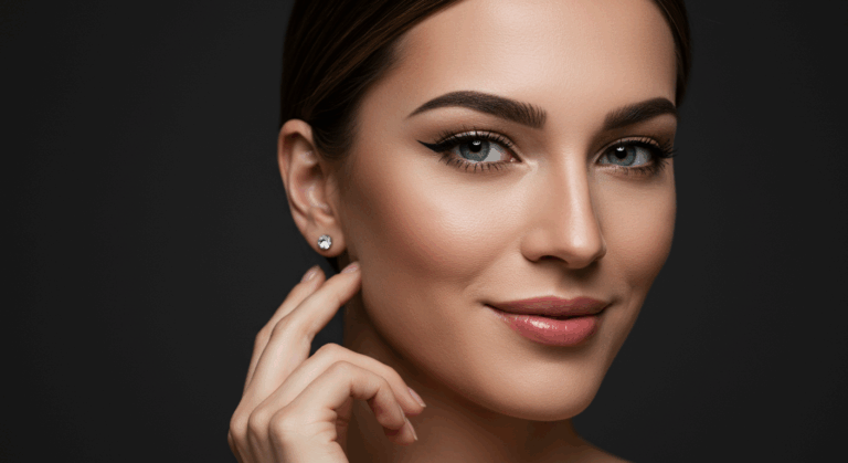 Açık kahverengi saçları geriye doğru taranmış, sade bir makyaj ve tek bir elmas küpe takmış bir kadının yakın çekim portresi. Yeşil gözleri, belirgin kaşları ve yumuşak bir gülümsemesi var. Arka plan koyu renk, yüz hatlarını vurguluyor.