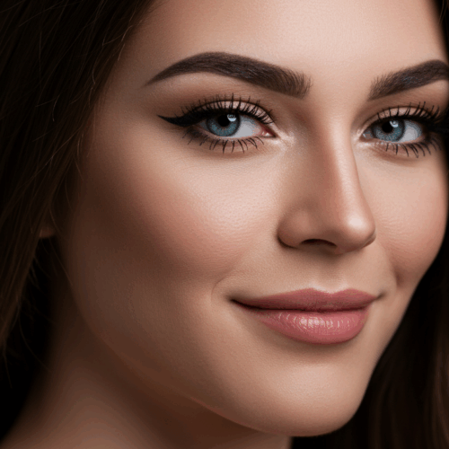 Portrait en gros plan d'une femme aux yeux bleus, à la peau lisse et au maquillage subtil, comprenant un eye-liner, du mascara et du rouge à lèvres.