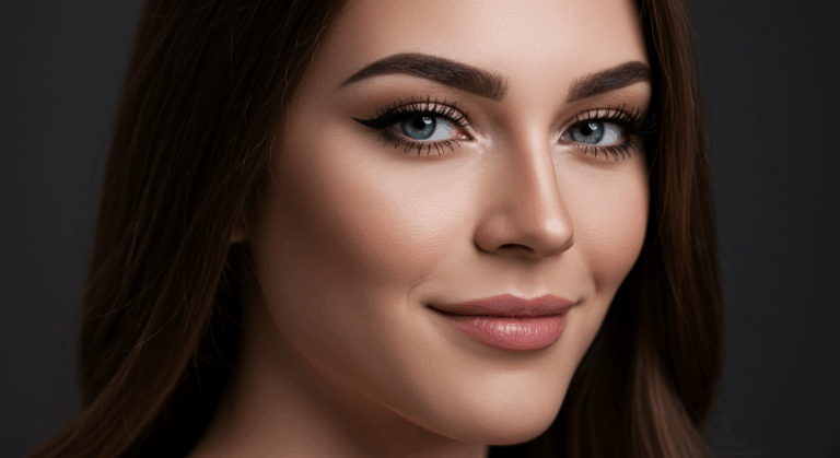 Mavi gözlü, pürüzsüz tenli ve eyeliner, maskara ve ruj gibi hafif makyajlı bir kadının yakın çekim portresi.