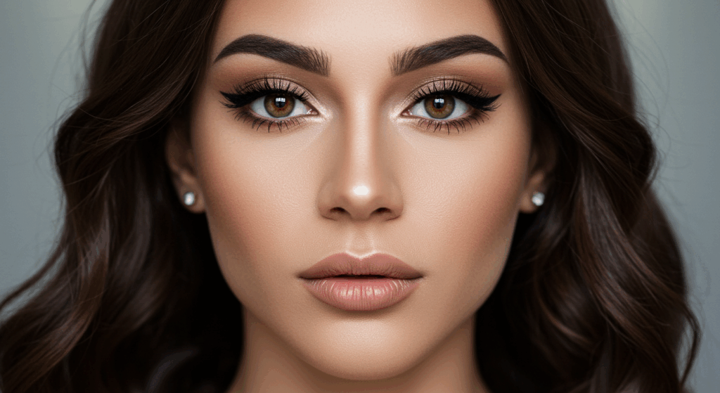 Close-up portrait of a woman with striking green eyes, subtle makeup, and wavy brown hair. She wears pearl earrings and has a neutral expression. The background is softly lit, highlighting her facial features.
