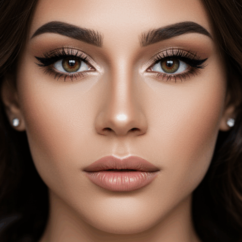 Portrait en gros plan d'une femme aux yeux verts saisissants, au maquillage subtil et aux cheveux bruns ondulés. Elle porte des boucles d'oreilles en perles et affiche une expression neutre. L'arrière-plan est légèrement éclairé, mettant en valeur ses traits.