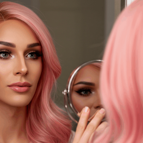 Une personne aux cheveux rose vif, vêtue d'un haut clair, regarde attentivement un miroir tout en le tenant. La scène capture un moment d'introspection et de style, où les cheveux roses sont un élément marquant.