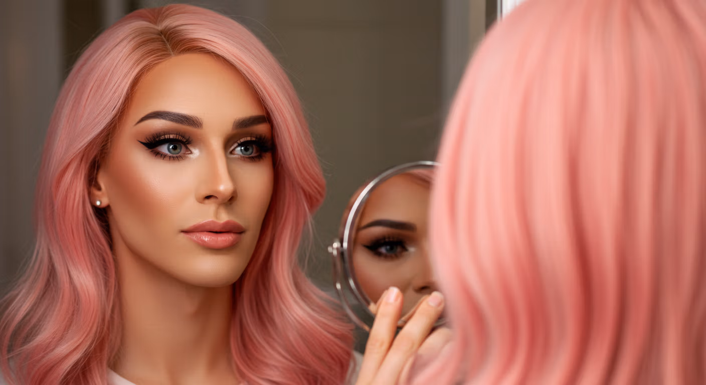 Canlı pembe saçlı, açık renk bir üst giymiş bir kişi, üstünü tutarak aynaya dikkatle bakıyor. Sahne, pembe saçların öne çıktığı, kendine dönüp baktığı ve stil sahibi olduğu bir anı yakalıyor.
