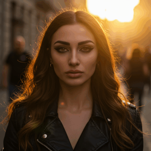 Une jeune femme aux longs cheveux bruns portant une veste en cuir noir se tient dans une scène de rue animée avec un éclairage doré et chaleureux.