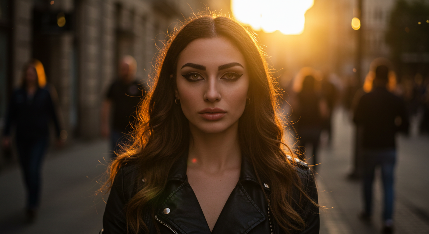 Une jeune femme aux longs cheveux bruns portant une veste en cuir noir se tient dans une scène de rue animée avec un éclairage doré et chaleureux.