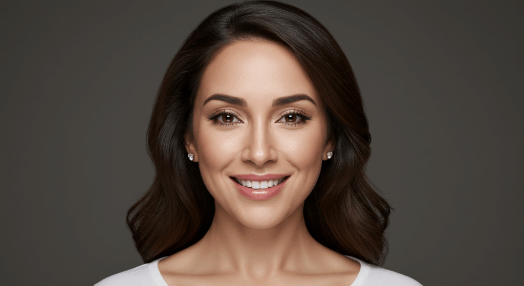 Un portrait professionnel d'une femme souriante aux cheveux noirs mi-longs, portant un haut blanc et des boucles d'oreilles en perles, sur un fond sombre.