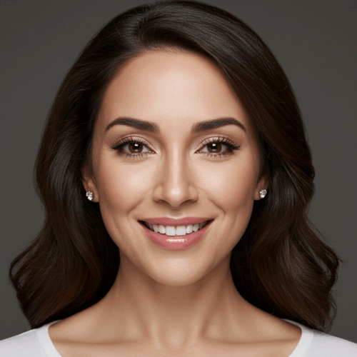 Un portrait professionnel d'une femme souriante aux cheveux noirs mi-longs, portant un haut blanc et des boucles d'oreilles en perles, sur un fond sombre.