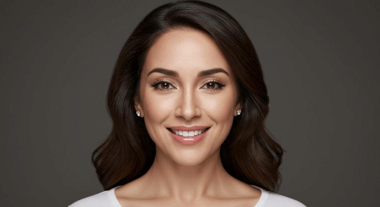 Omuz hizasında koyu renk saçlı, beyaz bir üst ve inci küpeler takan, gülümseyen bir kadının koyu bir arka plana karşı çekilmiş profesyonel bir portre fotoğrafı.