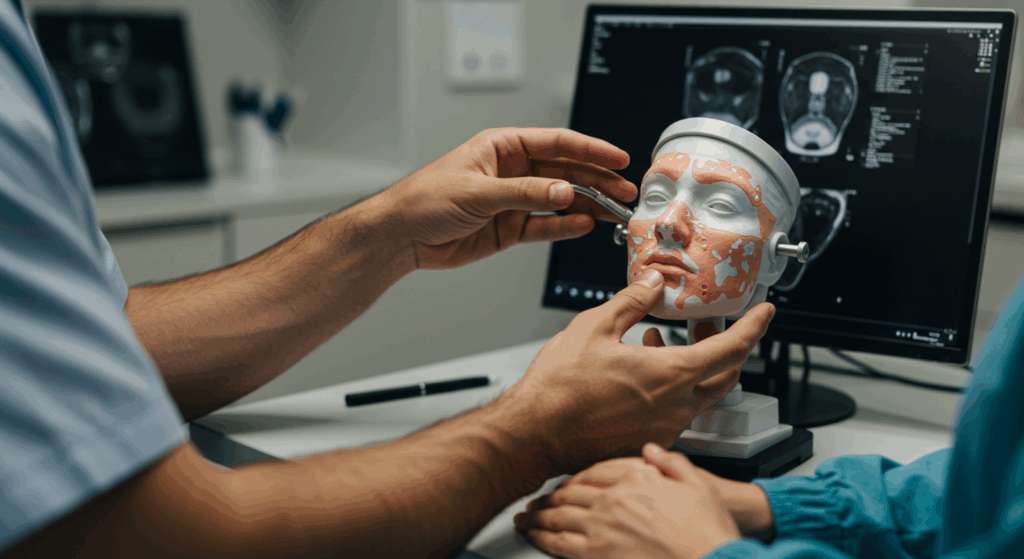 Un professionnel de la santé utilise un modèle de tête humaine avec des muscles faciaux mis en évidence pour expliquer ou démontrer à un patient, avec des scanners cérébraux visibles sur un écran d'ordinateur en arrière-plan.