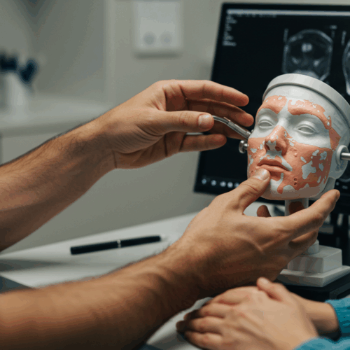 Un professionnel de la santé utilise un modèle de tête humaine avec des muscles faciaux mis en évidence pour expliquer ou démontrer à un patient, avec des scanners cérébraux visibles sur un écran d'ordinateur en arrière-plan.