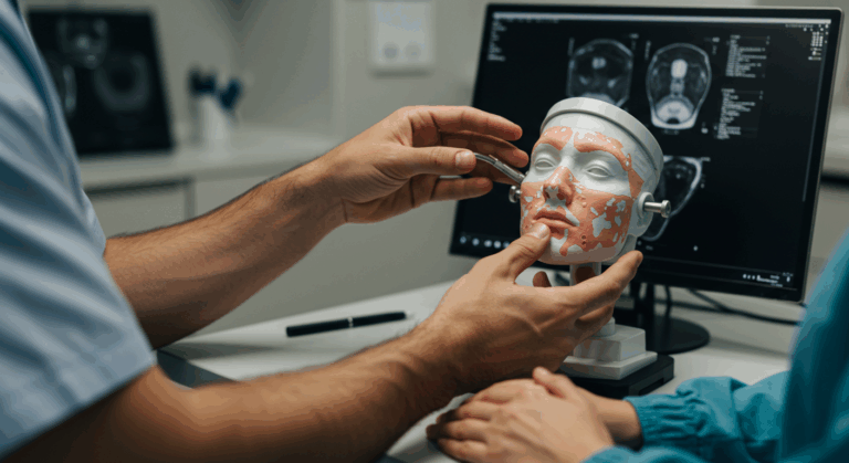 A medical professional using a model of a human head with highlighted facial muscles to explain or demonstrate to a patient, with brain scans visible on a computer screen in the background.