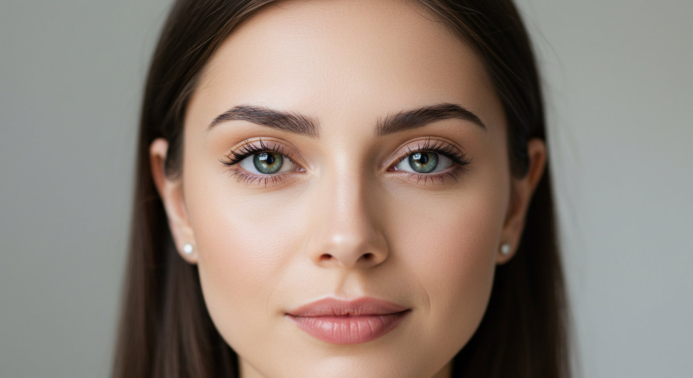Nahaufnahme einer Frau mit hellbrauner Haut, grünen Augen und glattem dunklem Haar. Sie trägt nur minimales Make-up, was ihre natürliche Schönheit betont.