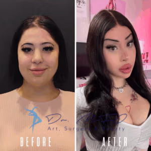 Before and after comparison of a woman's face, showing results of cosmetic procedures. The 'before' image shows her with a natural appearance, while the 'after' image displays enhanced features, including fuller lips, defined eyebrows, and styled hair. The logo of 'Dr. MFO Art, Surgery & Beauty' is visible on both images.