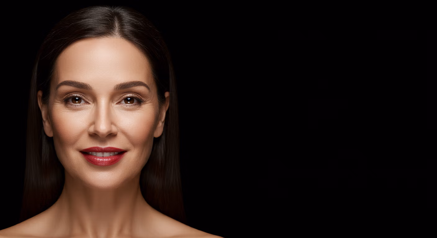 Retrato profesional de una mujer de mediana edad con cabello largo y oscuro, una sonrisa cálida y lápiz labial rojo, sobre un fondo negro.