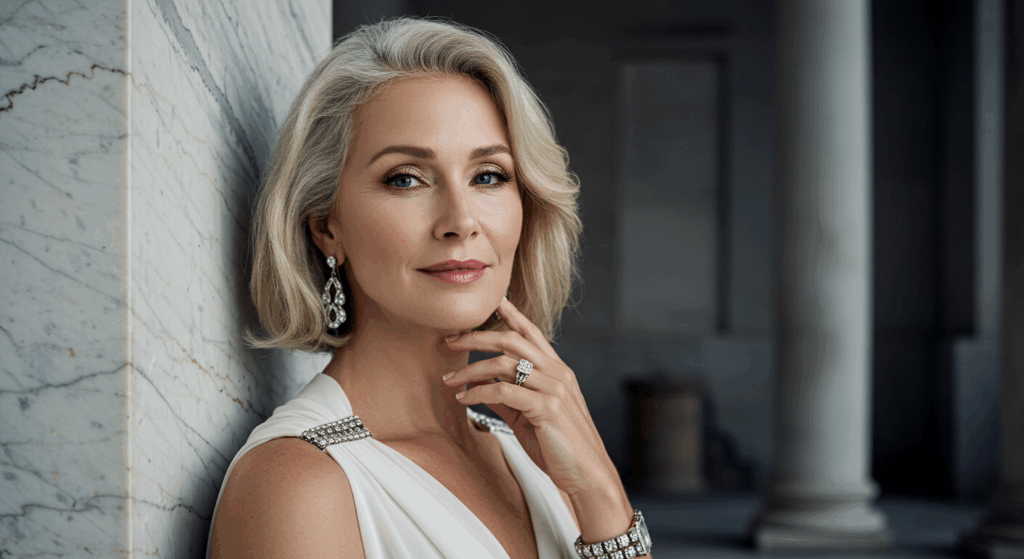 Une femme aux cheveux blonds courts portant une robe blanche, debout contre un mur de marbre.