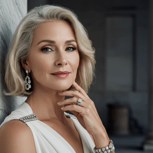 Une femme aux cheveux blonds courts portant une robe blanche, debout contre un mur de marbre.