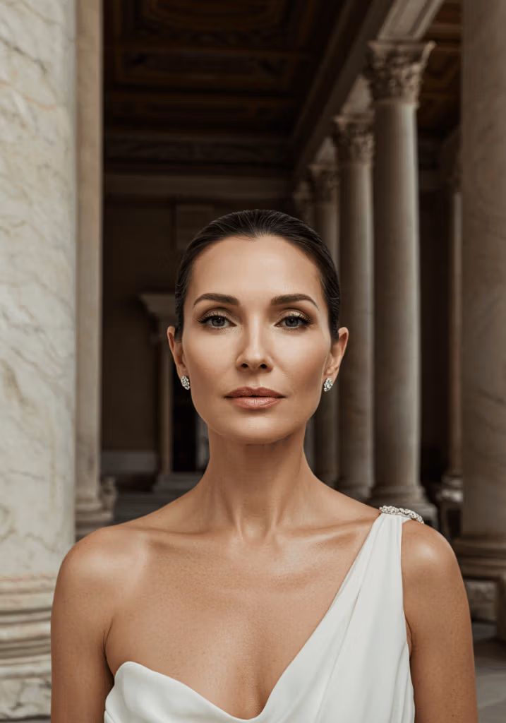 Una mujer con un vestido blanco, de pie entre columnas arquitectónicas, luciendo pendientes y una pulsera de diamantes, posa con seguridad.