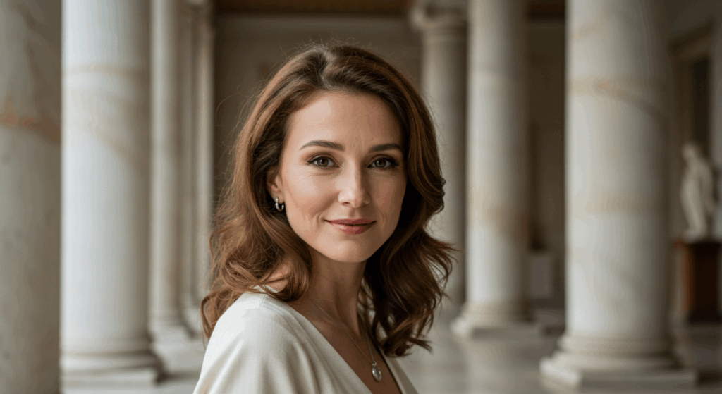 A woman with wavy brown hair and earrings standing in a classical architectural setting with columns.