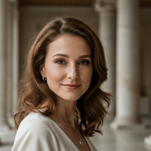 Une femme aux cheveux bruns ondulés et aux boucles d'oreilles debout dans un décor architectural classique avec des colonnes.