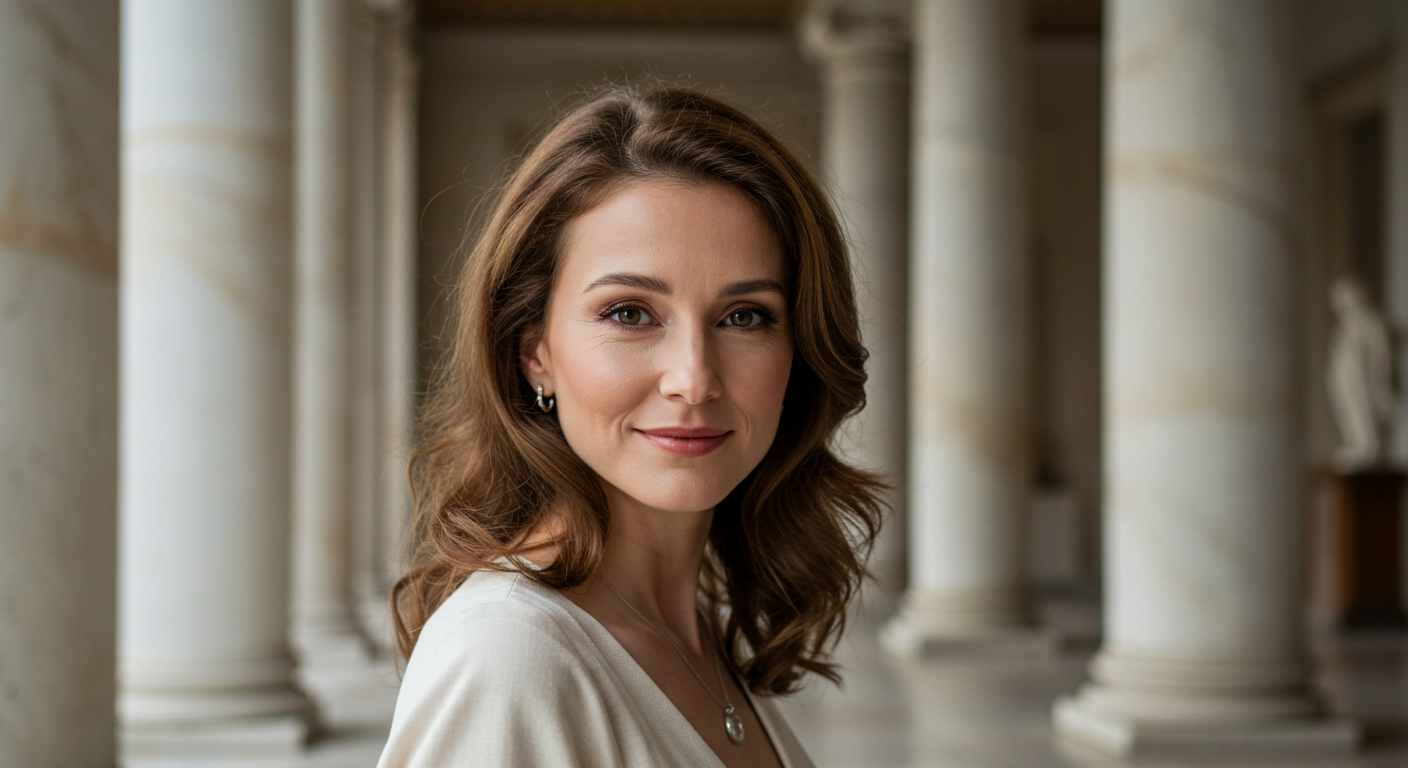 Une femme aux cheveux bruns ondulés et aux boucles d'oreilles debout dans un décor architectural classique avec des colonnes.