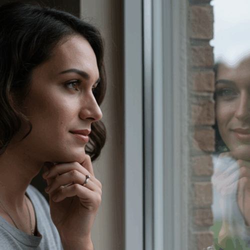Een vrouw met kort donker haar en een grijs shirt staat bij een raam en kijkt peinzend naar buiten. Haar weerspiegeling is zichtbaar in het raam, een sereen buitentafereel met groen.