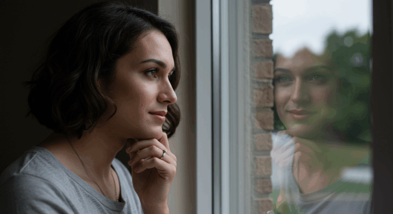 A woman with short dark hair and a gray shirt stands by a window, looking out thoughtfully. Her reflection is visible in the window, showing a serene outdoor scene with greenery.