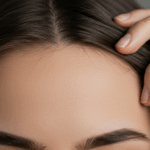 Image en gros plan du front d'une personne avec une ligne de cheveux en recul, montrant des cheveux clairsemés et une visibilité du cuir chevelu.
