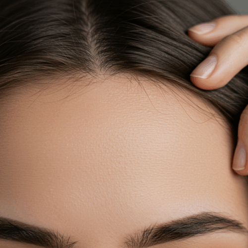 Een close-upfoto van het voorhoofd van een persoon met een terugtrekkende haarlijn, waarbij dunner wordend haar en de hoofdhuid zichtbaar zijn.