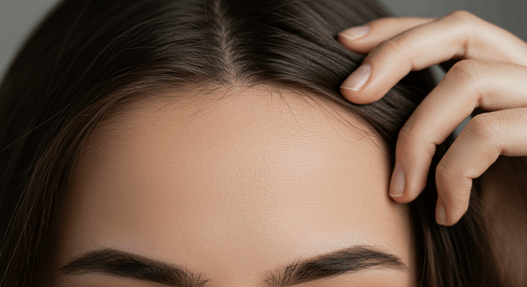 A close-up image of a person's forehead with a receding hairline, showing thinning hair and scalp visibility.