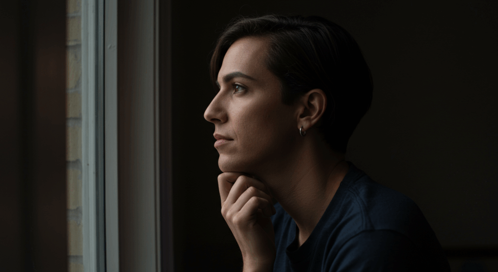 A young man with short dark hair and an earring in his left ear looks thoughtfully out of a window, with his chin resting on his hand. The scene is dimly lit, highlighting his pensive expression.