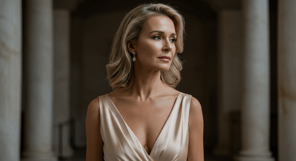 Une femme aux cheveux blonds portant une robe sans manches de couleur claire se tient dans une pièce avec des colonnes en arrière-plan.