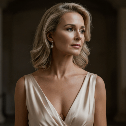 Une femme aux cheveux blonds portant une robe sans manches de couleur claire se tient dans une pièce avec des colonnes en arrière-plan.