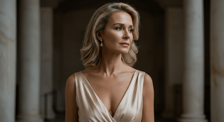 A woman with blonde hair wearing a sleeveless, light-colored dress stands in a room with columns in the background.