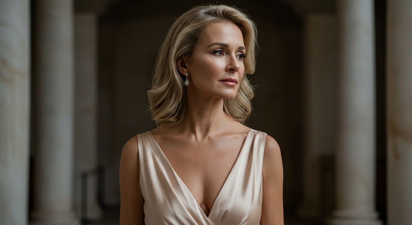 Une femme aux cheveux blonds portant une robe sans manches de couleur claire se tient dans une pièce avec des colonnes en arrière-plan.
