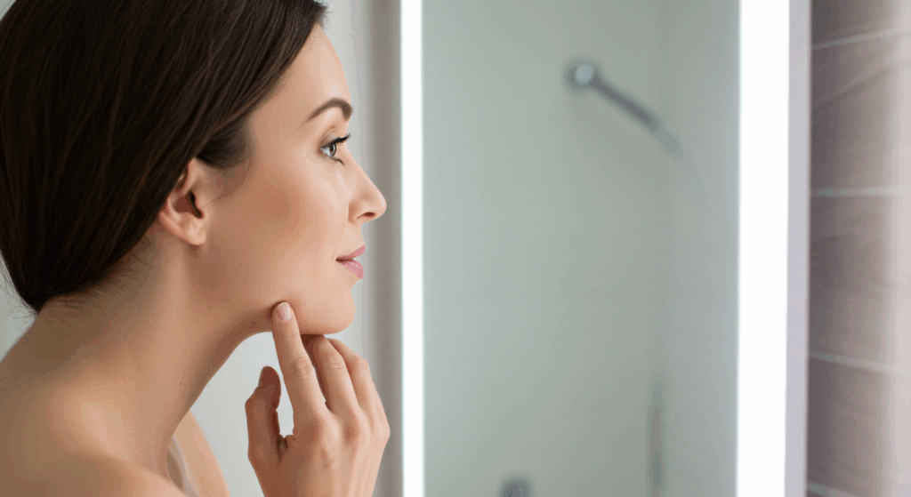 A woman examining her skin in a mirror