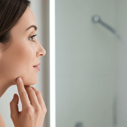 Een vrouw onderzoekt haar huid in de spiegel