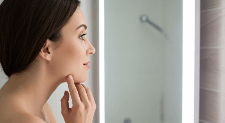 Une femme examinant sa peau dans un miroir