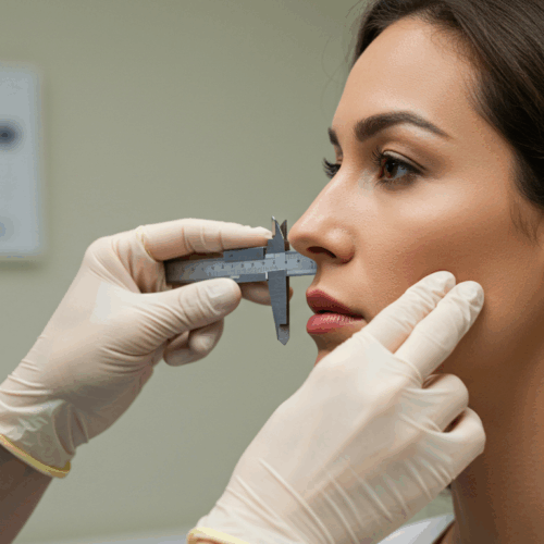Een medische professional meet de neus van een patiënt met een schuifmaat tijdens een consult.