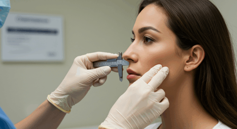 Un professionnel de la santé mesure le nez d'un patient avec un pied à coulisse lors d'une consultation.