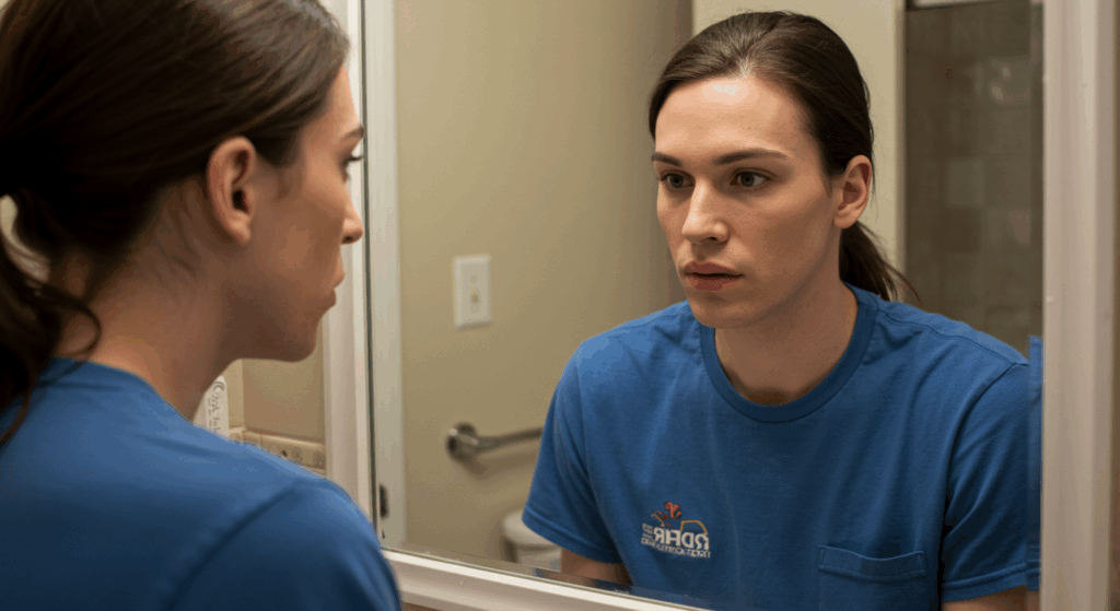 A woman in a blue t-shirt looking at herself in a bathroom mirror with a concerned expression.