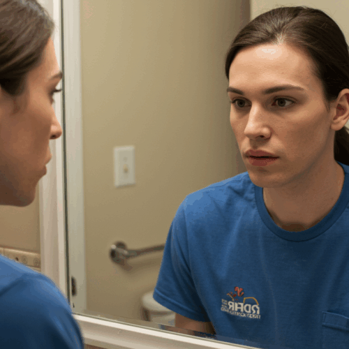 Een vrouw in een blauw T-shirt bekijkt zichzelf met een bezorgde blik in de badkamerspiegel.